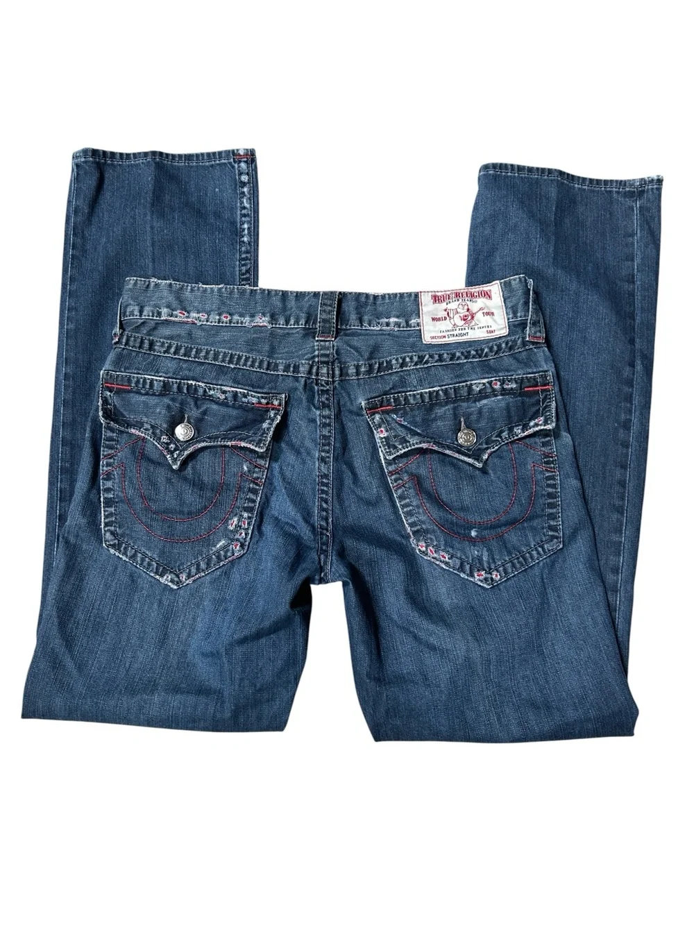 True Religion Men’s Straight Flap Jeans Red Stitch Dark Wash Size 34
